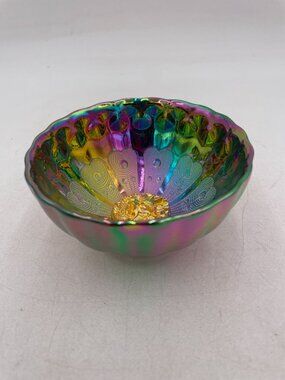 Dragon Motif Iridescent Glass Bowl With Peacock Pattern